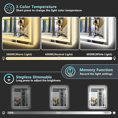 24x30 LED Bathroom Mirror with Lights, Backlit and Front Lit Anti-Fog Lighted Vanity Mirrors for Bathroom Wall, Dimmable, 3-Color Light, Memory, Shatter-Proof, HD Tempered Glass, CRI＞90