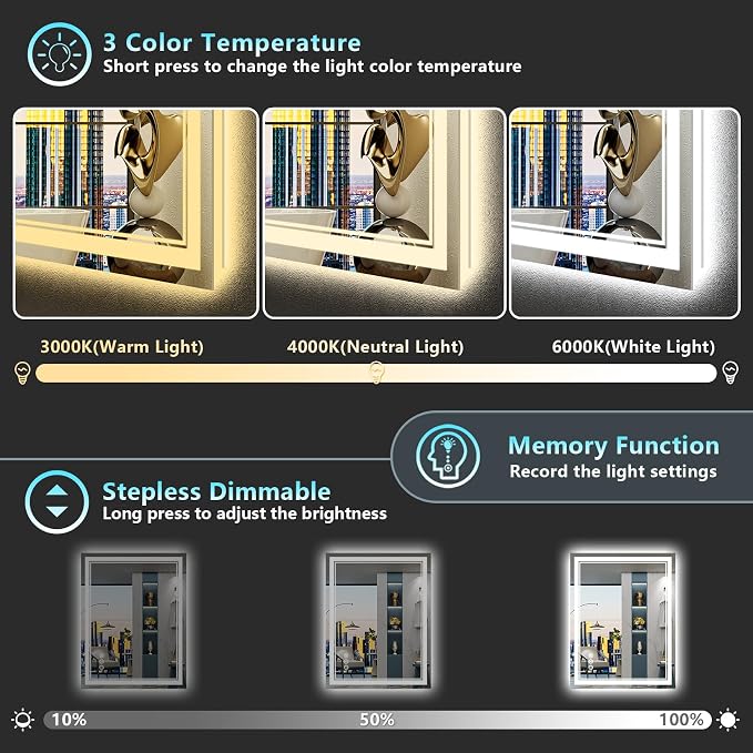 28x32 LED Bathroom Mirror, Backlit & Front Lit Lighted Mirror | Anti-Fog Vanity Mirror with Lights, 3 Color Dimmable, Memory, HD Tempered Glass, CRI95, IP54, UL Listed, Horizontal/Vertical