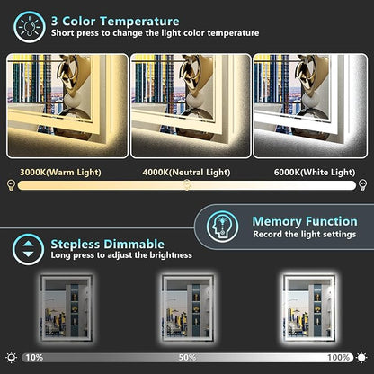 28x32 LED Bathroom Mirror, Backlit & Front Lit Lighted Mirror | Anti-Fog Vanity Mirror with Lights, 3 Color Dimmable, Memory, HD Tempered Glass, CRI95, IP54, UL Listed, Horizontal/Vertical