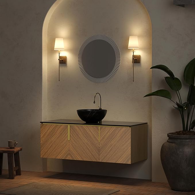 LKTART 48 Inch Bathroom Vanity with Sink, Modern Wall Mounted Bathroom Sink with 3 Doors, Black Sintered Stone Countertop and Black Bowl Ceramic Basin