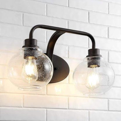 JONATHAN Y 17.5" Oil Rubbed Bronze Farmhouse LED Vanity Light Wall Sconce for Bathroom, Clear Seeded Glass Shade, Industrial Iron Indoor Fixture, LED Bulb Included (JYL7527A)