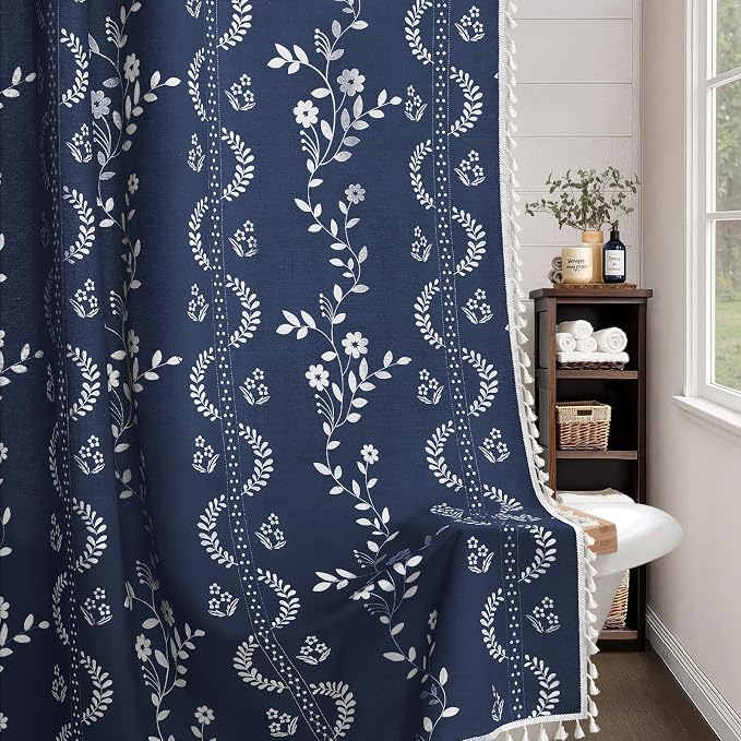Vintage Boho Blue Shower Curtain, Floral Linen Patterned Shower Curtains for Bathroom with Tassels, 72 x 72