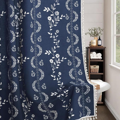 Vintage Boho Blue Shower Curtain, Floral Linen Patterned Shower Curtains for Bathroom with Tassels, 72 x 72