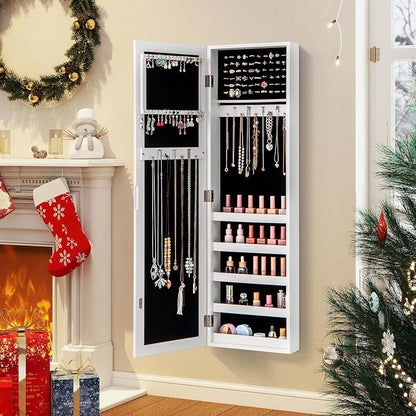 Giantex Wall or Door Mounted Jewelry Cabinet with Full Length Mirror, Over The Door Jewelry Armoire Organizer, Hanging Storage Cabinet with Necklace Hooks, Earring Slots, Ring Slots & Shelves (White)