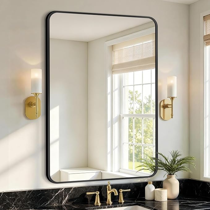 Vanity Bathroom Mirror, 36”x24” Black Bathroom Mirror for Over Sink | HD Tempered Glass, Anti-Rust Frame, Vertical or Horizontal, Wall Mirrors for Bathroom Sink, Living Room, Entryway, Bedroom