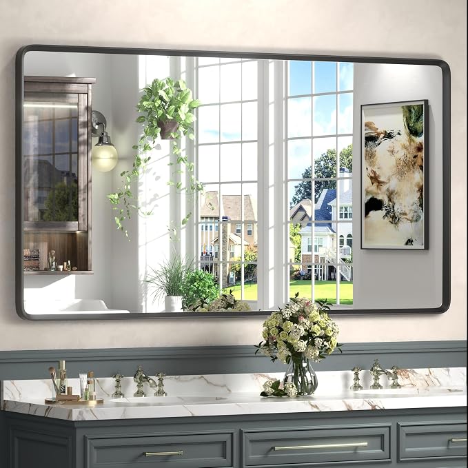 55x30 Black Matte Mirror for Bathroom | Black Metal Framed Vanity Mirror, Large Rounded Rectangle Mirror, Anti-Rust, Shatterproof (Horizontal/Vertical)