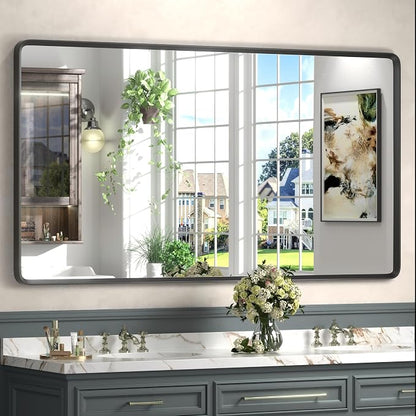 55x30 Black Matte Mirror for Bathroom | Black Metal Framed Vanity Mirror, Large Rounded Rectangle Mirror, Anti-Rust, Shatterproof (Horizontal/Vertical)