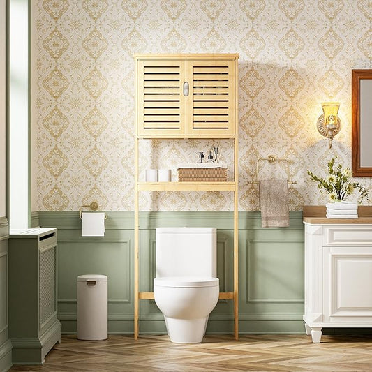 SMIBUY Bathroom Over The Toilet Storage Cabinet, 2 Door Bamboo Cabinet Organizer, Freestanding Space Saver Toilet Rack with Adjustable Inside Shelf and Open Shelf (Natural)