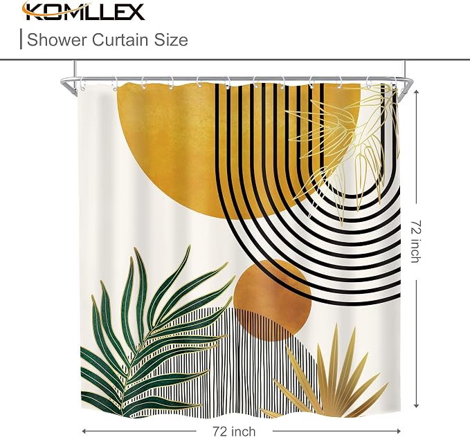 Mid Century Boho Abstract Modern Sun Minimalist Bathroom Shower Curtain Set | 72Wx72H Arch Curve design, waterproof HD print with fast-drying fabric and 12 hooks.