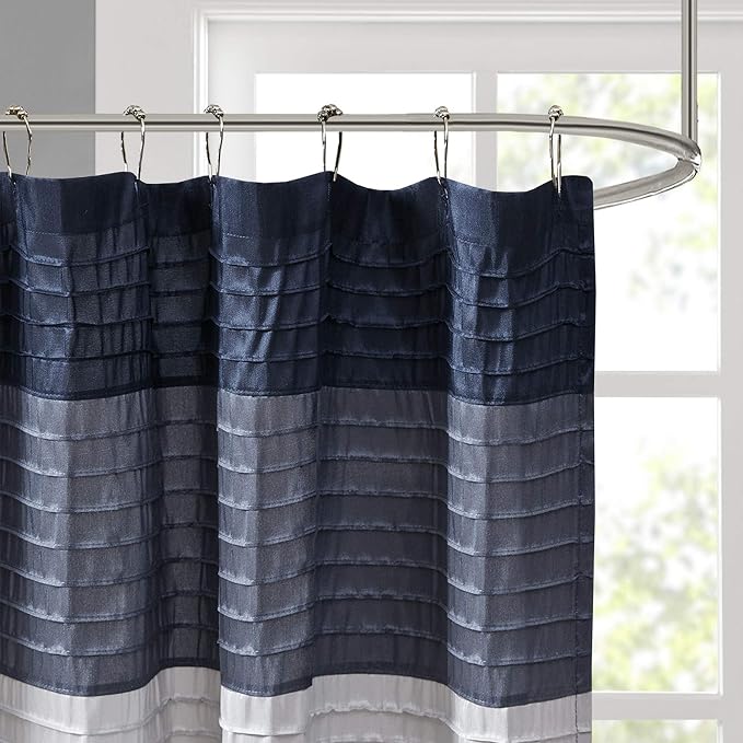 Madison Park Amherst Bathroom Shower Curtain Faux Silk Pieced Striped Modern Microfiber Bath Curtains, 72" W x 72" L, Navy (Pack of 4)