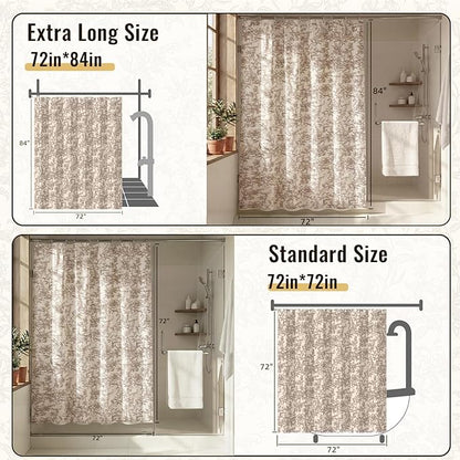 Farmhouse Brown Floral Shower Curtain with 12 Clear Rings 72"W x 84"L | Boho Fabric Faux Linen Shower Curtain Set, Vintage Cottagecore Shower Curtain for Bathroom