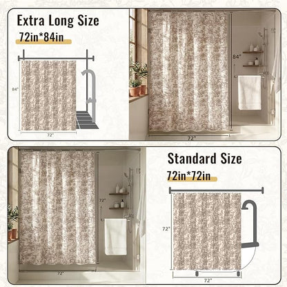Farmhouse Brown Floral Shower Curtain with 12 Clear Rings 72"W x 72"L | Boho Fabric Faux Linen Shower Curtain Set, Vintage Cottagecore Shower Curtain for Bathroom