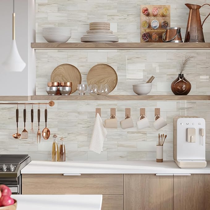 Vamos Tile 4-Piece Glossy Wooden Marble Grain Peel & Stick Backsplash Tile | 3''x6'' PVC Subway Tile with White Grout, Stick on Backsplash for Kitchen/Bathroom/Fireplace/Laundry/Camper