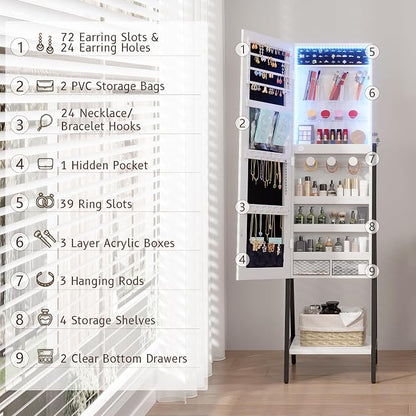 LVSOMT 3 LEDs Mirror Jewelry Cabinet, 60.4" Jewelry Mirror Full Length, Standing Lockable Jewelry Armoire Organizer, Floor Mirror with Storage for Jewelry Cosmetics, White