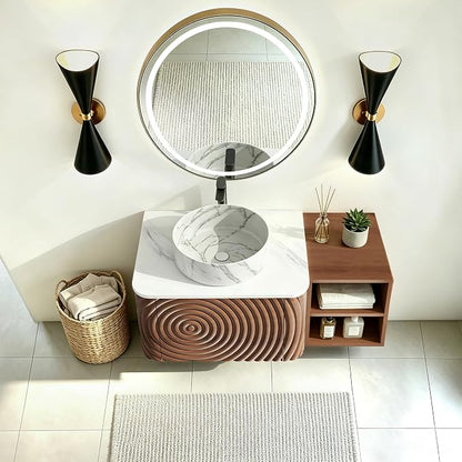 36" Floating Bathroom Vanity with Sink, Mid-Century Wall Mounted Bathroom Vanity Cabinet with Wood Waved Decor,Marble Ceramic Basin and Sintered Stone Top, Soft Close Drawer, Side Open Cube
