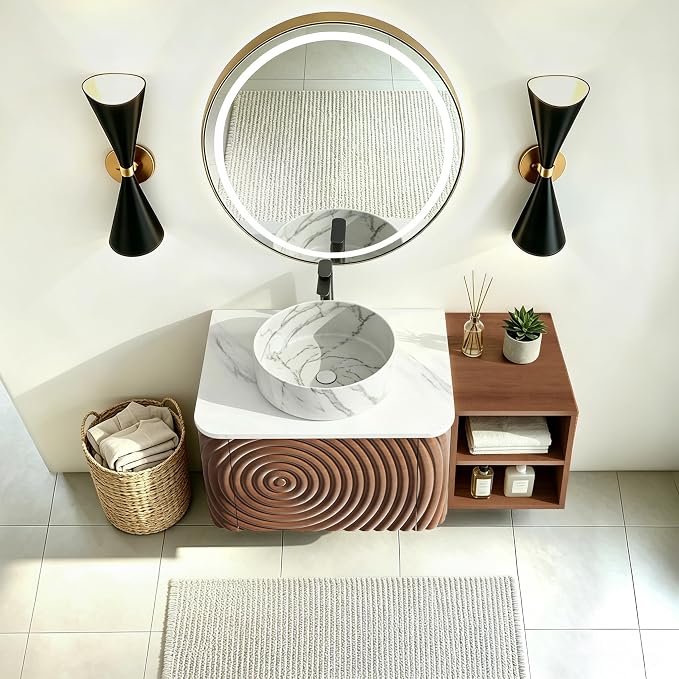 36 Inch Modern Bathroom Vanity with Ceramic Sink, Floating Bathroom Sink Cabinet with Sintered Stone Top&Solid Wood Hammered Frame, Single Bathroom Vanities w/Soft-Close Drawer&Side Open Cube