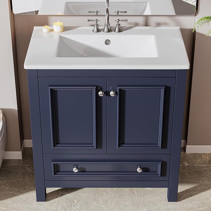 Tribesigns 30" Modern Bathroom Vanity with Sink, Freestanding Bathroom Vanities Cabinet with Ceramic Basin Combo, Bathroom Sink Cabinet with 2 Doors and 1 Drawer, Solid Wooden Frame, Navy Blue