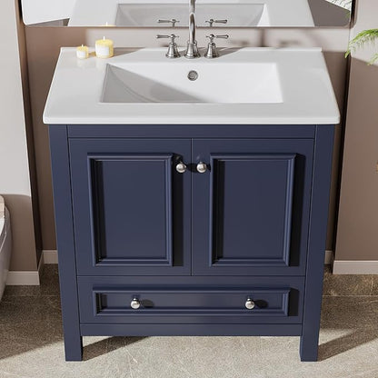 Tribesigns 30" Modern Bathroom Vanity with Sink, Freestanding Bathroom Vanities Cabinet with Ceramic Basin Combo, Bathroom Sink Cabinet with 2 Doors and 1 Drawer, Solid Wooden Frame, Navy Blue