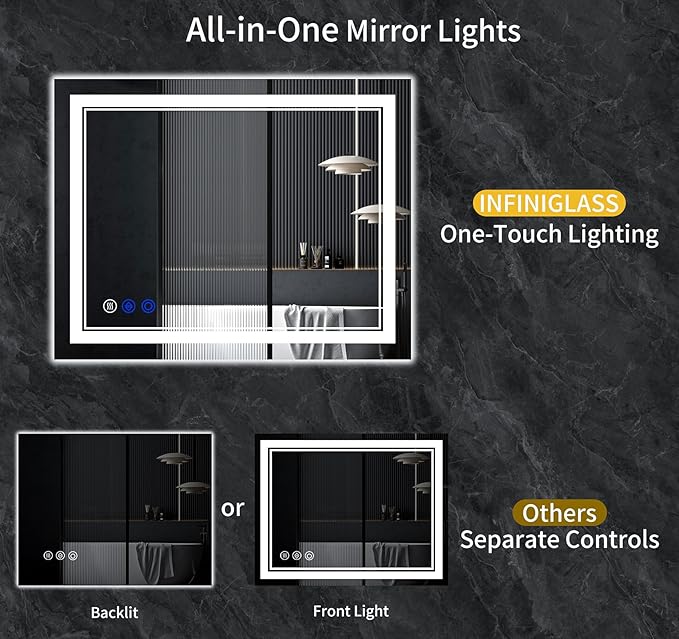 40"x36" LED Bathroom Mirror with Lights,Anti-Fog,3 Color Modes