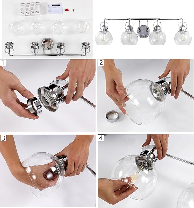 JONATHAN Y 34" Chrome Shirley 4-Light Bathroom Vanity Light, Metal Wall Sconce, Clear Seeded Glass Shade, Modern Transitional Farmhouse Fixture, LED Bulbs Included (JYL7406A)