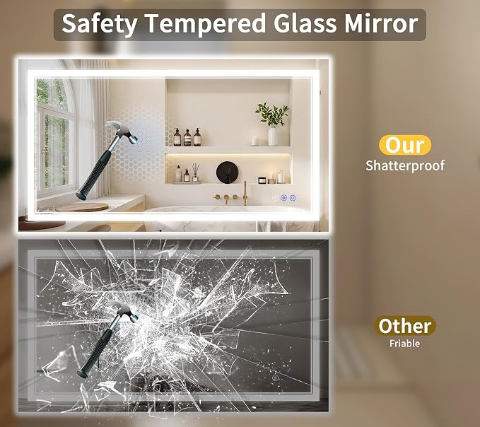 40"x60" LED Bathroom Mirror with Lights, Anti-Fog, Backlit + Front Lit, Dimmable, Led Vanity Mirror for Wall, Lighted Bathroom Mirror, 5 Colors, Shatter-Proof Tempered Glass