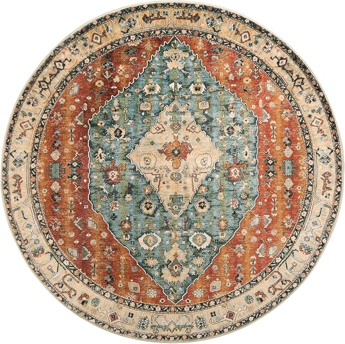 Lahome Felice Boho Tribal Round Rugs 5ft Washable Kitchen Round Area Rug, Non Slip Bedroom Living Room Circle Circular Rug, Oriental Low Pile Entryway Carpet for Bathroom (Rust/Dull Teal,5ft-Round)