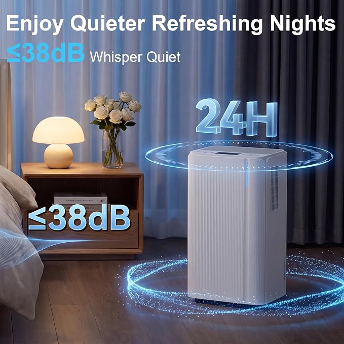 1500 Sq.Ft Dehumidifier for Basement with Drain Hose,24 Pints Dehumidifier for Home,Bedroom,Bathroom Low Noise With Smart Compressor,Intelligent Humidity Control, 24HR Timer