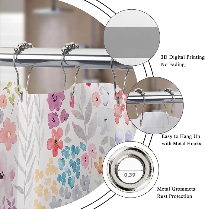 Clawfoot Tub Extra Wide Floral Flower Cute Wrap Bathroom Shower Curtain Set | 180"W x 70"H Colorful All; waterproof HD print, quick-dry fabric with 12 hooks for easy hanging.