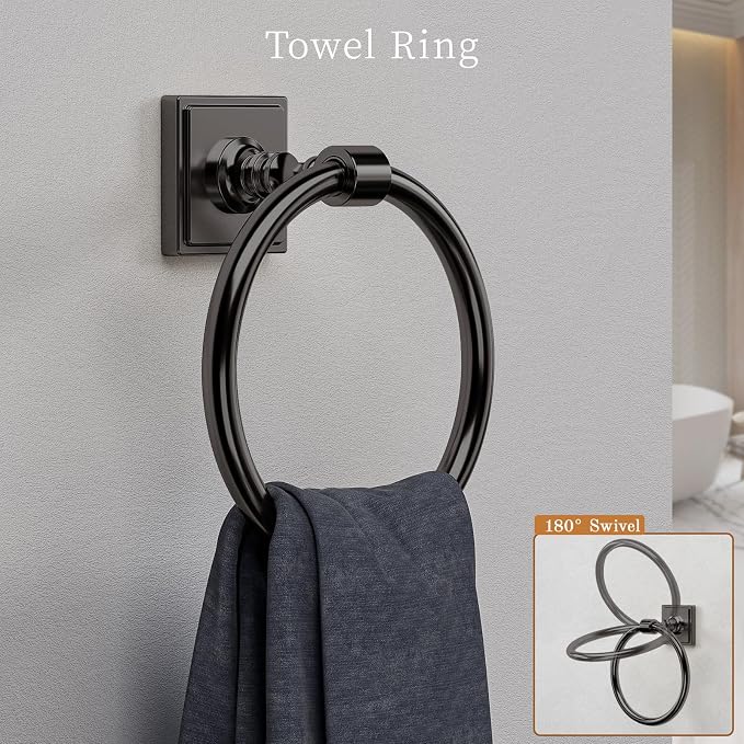 VEHCIL Matte Black Bathroom Towel Bar Set, 5 Piece Bathroom Hardware Accessory Set, SUS304 Stainless Steel 24" Towel Rack Holder Set for Bathroom, Wall Mounted