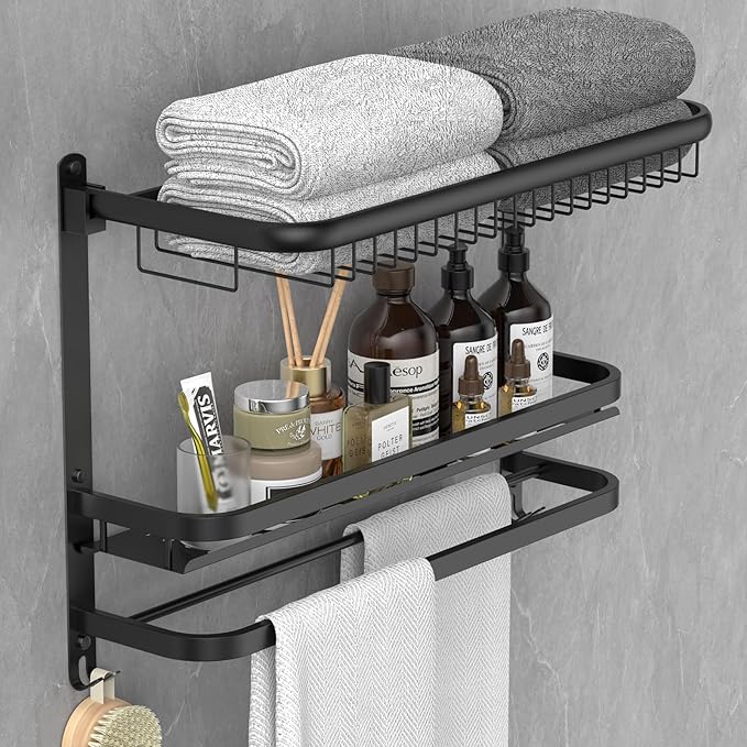 Foldable 23.22 Inch Rowel Rack Wall Mounted with Bathroom Shower Shelves Stainless Steel Towel Bar Without Drilling and Screw Installation (Black)