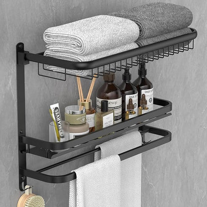 Foldable 23.22 Inch Rowel Rack Wall Mounted with Bathroom Shower Shelves Stainless Steel Towel Bar Without Drilling and Screw Installation (Black)
