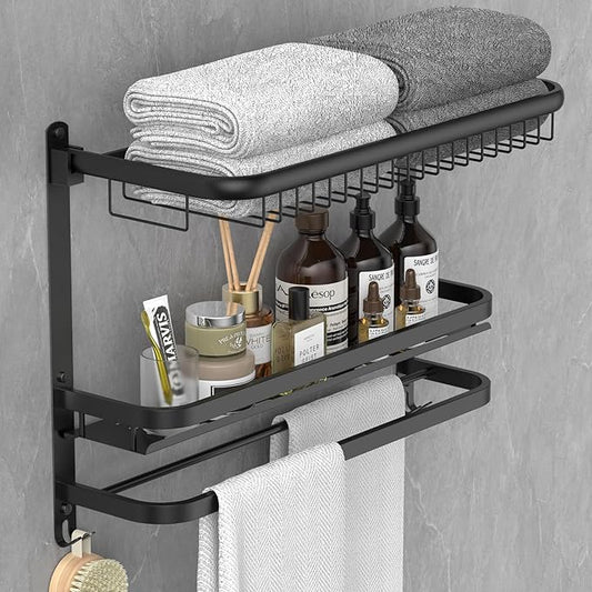 Foldable 23.22 Inch Rowel Rack Wall Mounted with Bathroom Shower Shelves Stainless Steel Towel Bar Without Drilling and Screw Installation (Black)