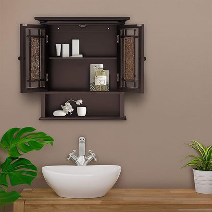 Teamson Home Windsor Over The Toilet Removable Wall Medicine Cabinet with 1 Fixed and 1 Adjustable Shelves 3 Storage Spaces 2 Glass Mosaic Doors and Rubbed Bronze-Finished Knobs, Dark Espresso