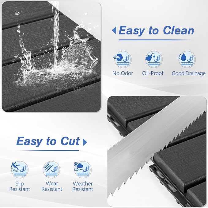 27 Pcs Plastic Interlocking Deck Tiles 12" x 12" Patio Floor Decking Tiles Indoor Outdoor Waterproof Non-Slip Flooring Tile All Weather Use for Balcony Backyard Porch Poolside, Dark Grey