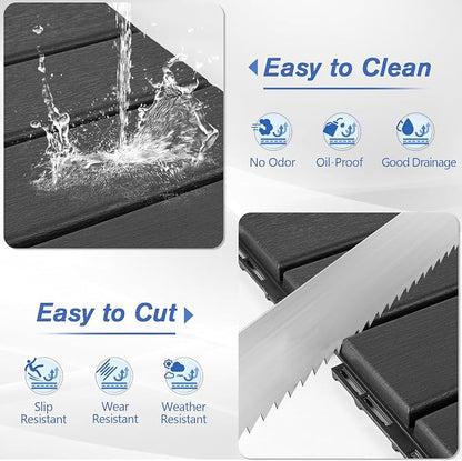 27 Pcs Plastic Interlocking Deck Tiles 12" x 12" Patio Floor Decking Tiles Indoor Outdoor Waterproof Non-Slip Flooring Tile All Weather Use for Balcony Backyard Porch Poolside, Dark Grey