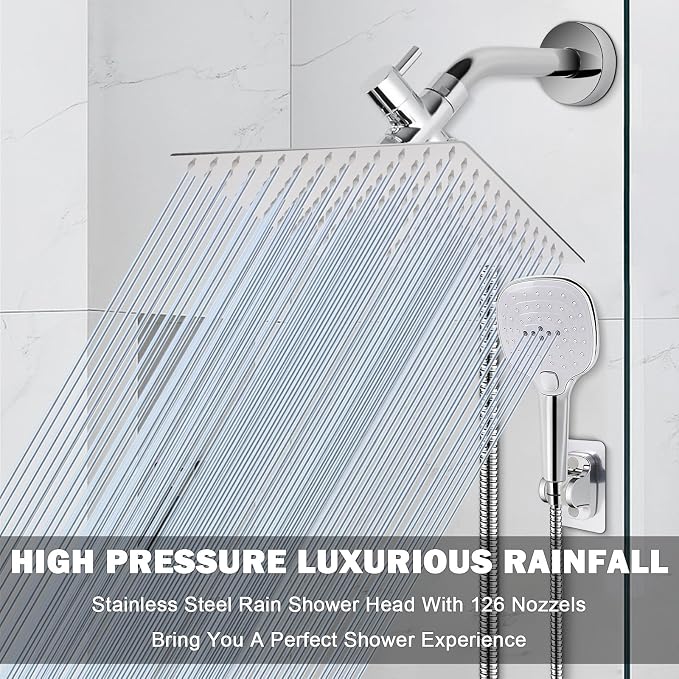 NearMoon Shower Head with Hose, High Pressure Stainless Steel Rain Shower and 3 Settings Handheld Spray Combo with Push Button Flow Control (12 Inch, Chrome Finish)