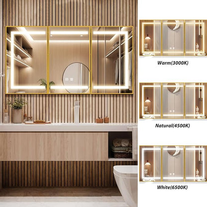APRILSOUL 60x32 Inch Lighted Bathroom Medicine Cabinet with Mirror, Gold Recessed or Surface Mount Medicine Cabinet Mirror with Storage and LED Lights, 3 Colors Temperature, Dimmable Light