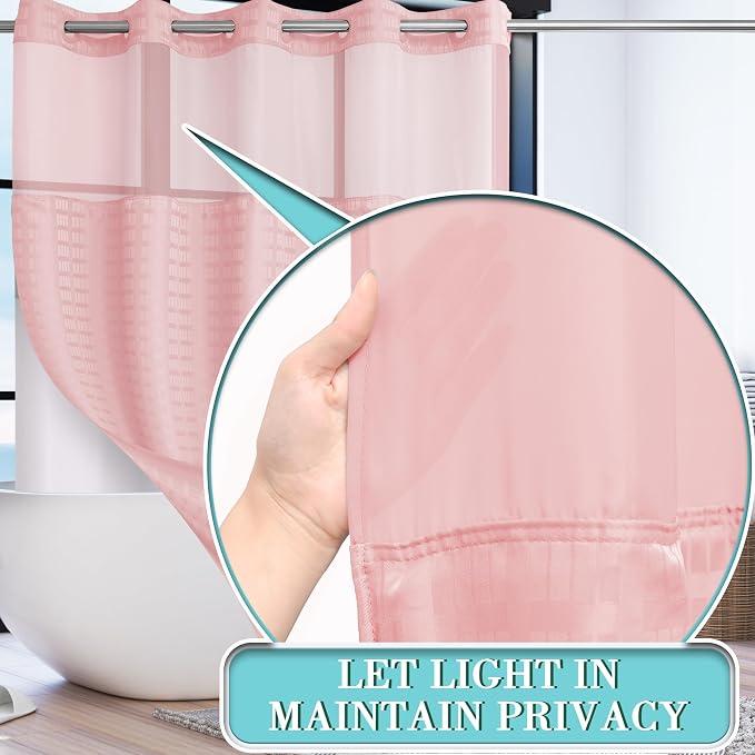 Conbo Mio Extra Long No Hook Shower Curtain with Snap in Liner Set, Hotel Luxury Pink Shower Curtains for Bathroom with See Through Top Window, Waterproof, Washable 71W x 84H