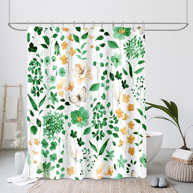 Emerald Green Floral Shower Curtain, Cute Flower Fabric Shower Curtains for Bathroom, Watercolor Wildflower Butterfly Cloth Shower Curtain Set with Hooks, 72x72