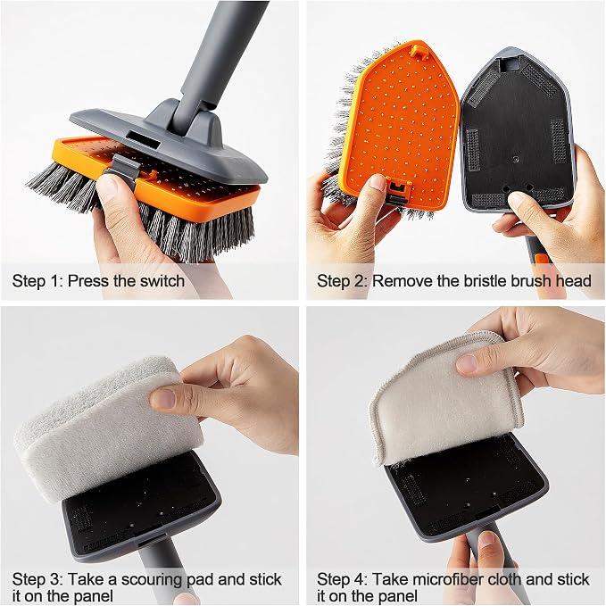 CLEANHOME Tile Tub Scrubber Brush for Cleaning Toilet Wall,Bathtub,Sink | 3 Different Function Cleaning Heads, 56" Extendable Long Handle, Bathroom No Scratch Shower Scrubber