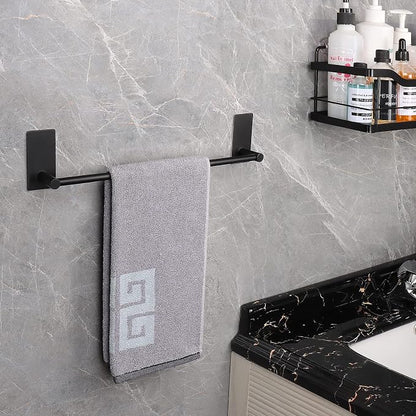 NearMoon Self Adhesive Bathroom Towel Bar- Stainless Steel Bath Wall Shelf Rack Hanging Towel Stick On Sticky Hanger Contemporary Style, NO Drilling (2 Pack, Matte Black, 12-Inch Towel Rack)