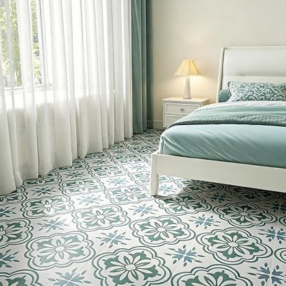 FunStick Sage Green Peel and Stick Floor Tile Vintage Green and White Moroccan Floor Tiles Peel & Stick Vinyl Flooring Roll Waterproof Self Adhesive Laminate Linoleum Flooring for Bathroom Floor Tile