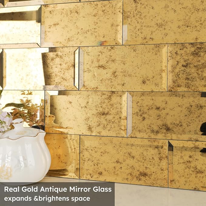 Peel and Stick Mirror Tile, Light Antique with Gold, 3x6 Inch, Beveled Mirror Backsplash for Kitchen Bar Bathroom Wall Tiles (5 Sq.ft, 40 Pcs)