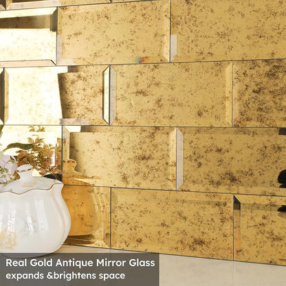 Peel and Stick Mirror Tile, Light Antique with Gold, 3x6 Inch, Beveled Mirror Backsplash for Kitchen Bar Bathroom Wall Tiles (5 Sq.ft, 40 Pcs)