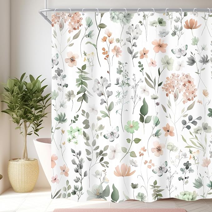 Cute Green Pink Floral Wildflower Watercolor Bathroom Shower Curtain Set | 60"W x 72"H Boho Butterfly; waterproof HD print, quick-dry fabric and plastic hooks for easy setup.