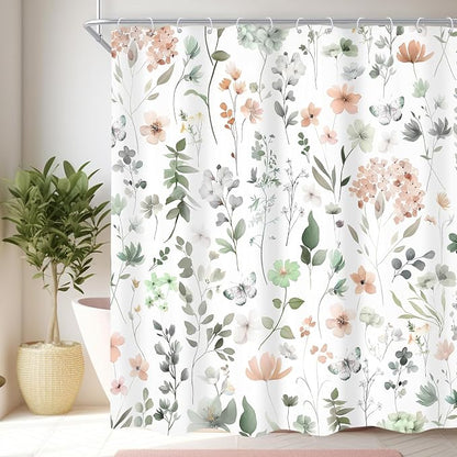 Cute Green Pink Floral Wildflower Watercolor Bathroom Shower Curtain Set | 60"W x 72"H Boho Butterfly; waterproof HD print, quick-dry fabric and plastic hooks for easy setup.