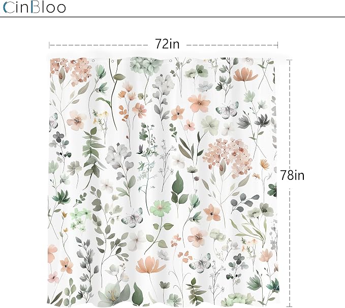 Cute Green Pink Floral Wildflower Watercolor Bathroom Shower Curtain Set | 72"W x 78"H Boho Butterfly; waterproof HD print, quick-dry fabric and plastic hooks for easy setup.