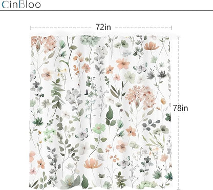 Cute Green Pink Floral Wildflower Watercolor Bathroom Shower Curtain Set | 72"W x 78"H Boho Butterfly; waterproof HD print, quick-dry fabric and plastic hooks for easy setup.