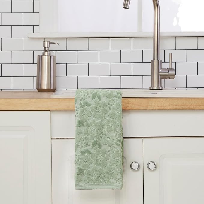 SKL Home Blossom Floral Hand Towel Set-2pc, 100% Turkish Cotton, Sage | Soft, textured jacquard. For use in the bathroom, kitchen, or bar & makes a great gift.