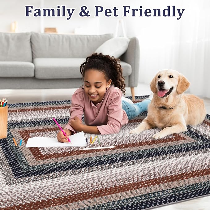 Imitation Braided Collection-Print Washable Area Rug 9x12 Rug for Living Room Modern Geometric Large Area Rug for Bedroom Non Slip Throw Rugs Low Pile Stain Resistant Carpet for Dining Room